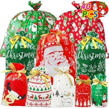 ZMCINER 40 PCS Christmas Drawstring Gift Bags Assorted Sizes Drawstring Christmas Bags for Gifts Xmas Holiday Presents Party Favor