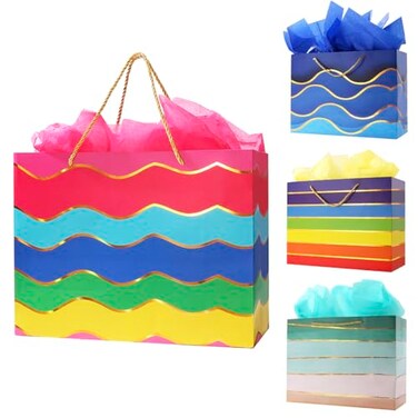 Cmecial 16 Extra Large Gift Bags with Tissue Papers Multicolor Striped 4 Pack Rainbow Theme Multiple Occasions
