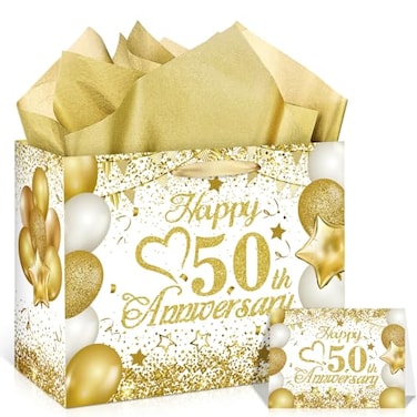 CASLON 50th Anniversary Paper Gift Bag White Gold Wedding Gift Wrapping Bag with Tissue Papers Card Perfect for Golden Wedding Anniversary or Christmas Decor