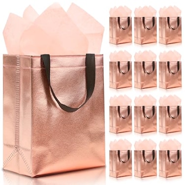 KeerxunBag 12pcs Reusable Gift BagsIncludes Tissue Paper Gift bag with handle Birthdays Parties Holidays Weddings Medium 10x4x8in rose gold Gift Bags