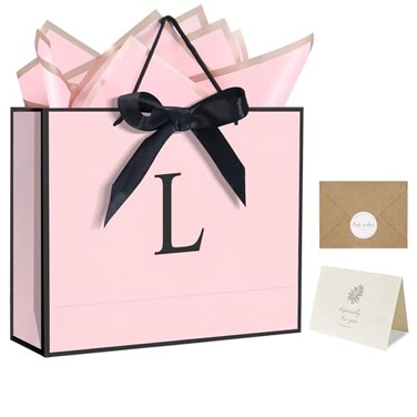 QLSKO Personalized Initial Paper Bag for Women GrilsMonogrammed Gift Bag with Bow RibbonWrapping Tissue and Card Matching Envelope Sticker Pink LMedium