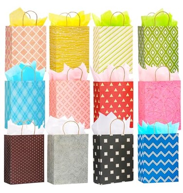 Nihuecne 12 Pack 13 Large Kraft Paper Gift Bags Assortment with Tissue Paper Handles 12 Unique Solid Geometric Pattern Designs for Birthdays Anniversary Fathers Day Holidays and Other Occasions