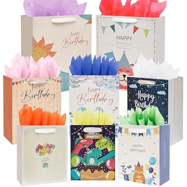 UOKHO Birthday Gift Bag with Handle and Tissue Paper 8 Pcs Reusable Gift Bags Assorted Sizes and Designs Large Medium Small Size Birthday Gift Bag for Kids Women Men 1513 9