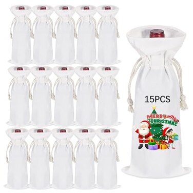 OKBA 15 PCS Sublimation wine gift bag blank Canvas wine bottle bag with drawstring Reusable Wine BagsSuitable for ChristmasWeddings Holiday Party BirthdaysTravel Blind Tastings Home Storage