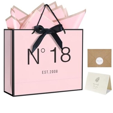 QLSKO 13 Birthday Gift Bag with Card Envelope Sticker Bow Ribbon and Tissue papers for Women Girls Design with Handles13th100th EST2008 18th 13 W x 105 H x 43 D