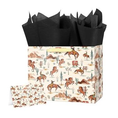 Linelglobal Large Cowboy Gift Bag with Tissue Ppaer for Men Birthday Western Theme Party Rodeo Stuffer 126