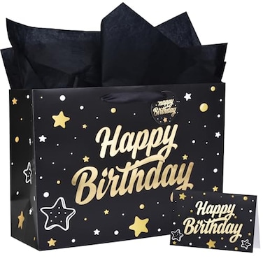 ZGORENDZ 14 Large Gift Bag Gold Foil Happy Birthday Party Bag with Tissue Paper Card Envelope Gift Tag