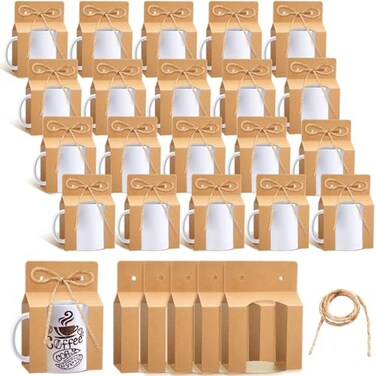 Kosiz 36 Pcs Kraft Mug Boxes Sublimation Coffee Mugs Gift Bags with Window Packaging Storage Box for Shipping Selling Wedding Gift Packaging Wrapping for 11oz Mug