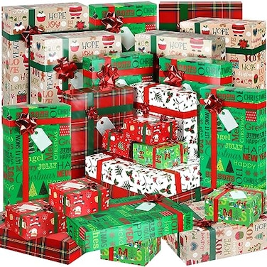 Cholemy 24 Pieces Christmas Gift Boxes with Lids and Red Bows Christmas Gift Wrap Boxes Holiday Present Box 4 Sizes Gift Boxes Shirt Box for Wrapping Xmas Holiday Present