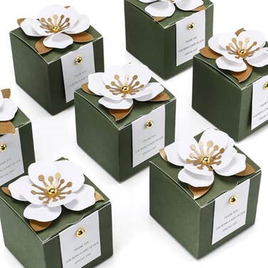 Affrolling 50 Pcs Wedding Favor Boxes with Thanks Card Square Flower Candy Boxes Paper Bridal Gift Box for Guests Wedding Bridal Shower Birthday Party AnniversaryGreen