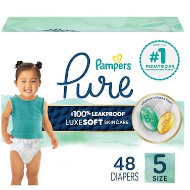 Pampers Pure Baby Diapers Size 5 27 lbs 48 Up to 100 Leakproof Premium Hypoallergenic Soft Diapers