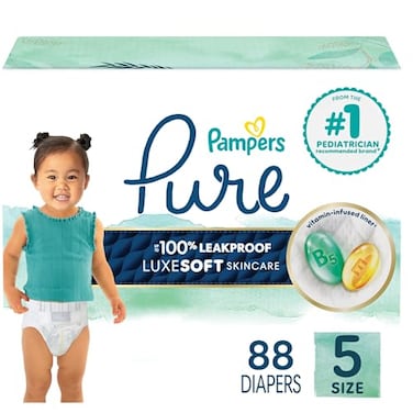 Pampers Pure Baby Diapers Size 5 27 lbs 88 Up to 100 Leakproof Premium Hypoallergenic Soft Diapers