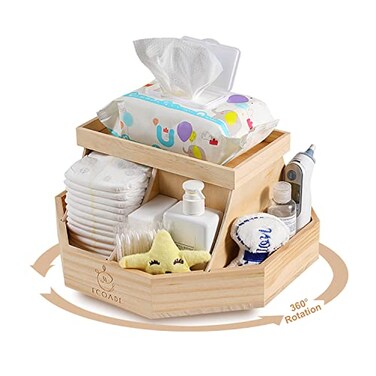 ECOADE Wooden Diaper Caddy Organizer 360 Degrees Rotating Caddy with Removable Dividers Nursery Diaper Organizer