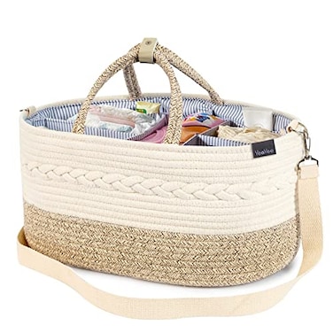YeaYee Baby Diaper Caddy Organizer XLarge 5 Grids 8 Pockets Shoulder Strap Portable Nursery Storage Basket with 2 Changeable Compartments 100 Cotton Woven Rope Bins Newborn Gift