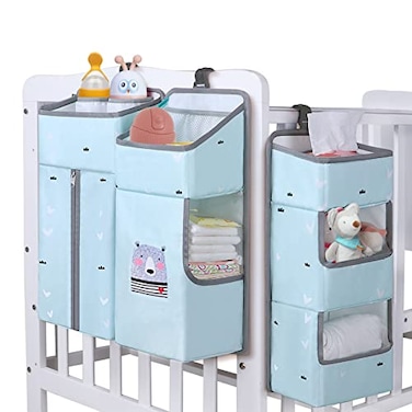 TOCKONIMN Hanging Diaper Caddy Organizer for Baby Crib 3in1 Diaper Stacker for Changing Table Nursery Organization Storage Holder for Baby Essentials Attachment Portable Combining Sky Blue