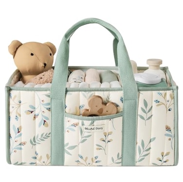 Blissful Diary Leaf Diaper Caddy Organizer Stylish Nursery Storage Basket Gift for Baby Shower Newborn Essentials Sage Leaf