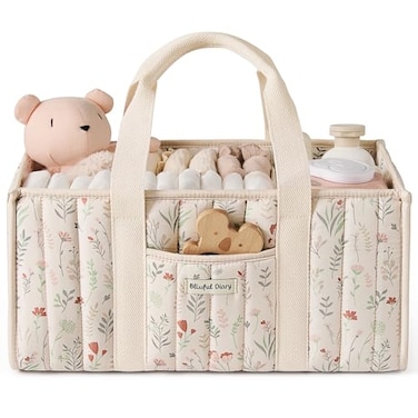 Blissful Diary Floral Diaper Caddy Organizer Stylish Nursery Storage Basket Gift for Baby Shower Newborn Essentials Floral Beige