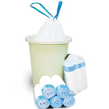 kjuway 25 Gallon Trash Bag 100 Count Blue Drawstring 25 Gallon Trash Bag with Pull Strings Small Garbage Bags Leakproof Trash Can Liners for Bathroom Office Bedroom Car