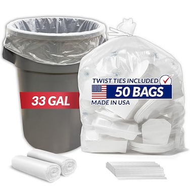 Reli. Reli 33 Gallon Trash Bags Heavy Duty 50 Trash Bags with Ties Super Sizeable Clear Serious Garbage Cleanup