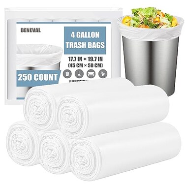 Beneval 4 Gallon Small Trash Bags 250 Count Unscented Transparent Durable Ideal for Bathroom Kitchen Office Bedroom
