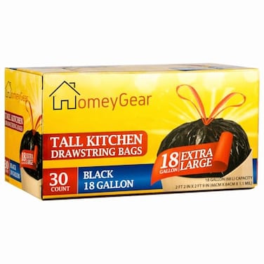 HomeyGear Strong Large 18 Gallon Drawstring Trash Bags Black Can Liners Kitchen Garbage Bags Multipurpose 30 CT Home Lawn Bags For Waste