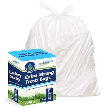 Freedom Living Biodegradable Trash Bags 13 Gallon 48 Count Heavy Duty White Bags with Handle Ties for Garbage in Kitchen Yard Lawn Contractor Janitorial or Office