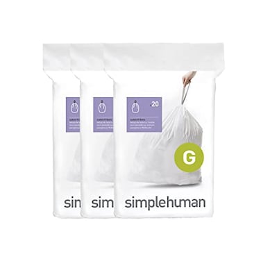 simplehuman Code G 60 Count Custom Fit Liners Drawstring Kitchen Trash Bags OnebyOne MessFree Dispense Extra Thick Double Seamed 50 PCR Plastic 30 Liter 8 Gallon White