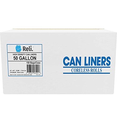 Reli. Reli Premium 50 Gallon Trash Bags 150 Count Made in USA Heavy Duty Bulk SuperValue Black MultiUse Garbage Bags