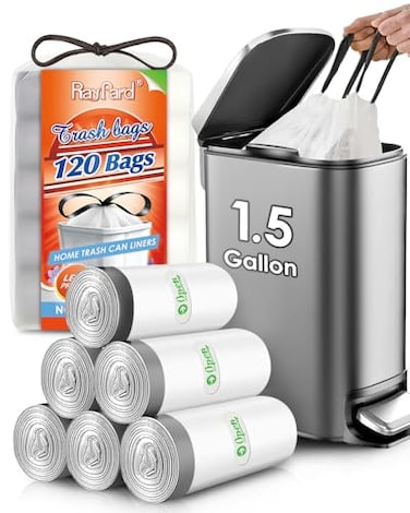 RayPard 15 Gallon 120 Counts Mini Strong Drawstring Trash Bags Garbage Bags by Small Plastic Bags fit 456L Trash Can for Home Office Kitchen Bathroom Bedroom White Waste Basket Liners