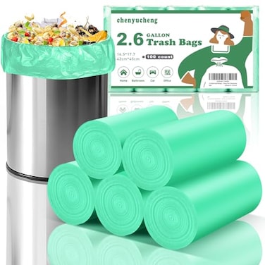 Chenyucheng 26 Gallon Small Biodegradable Trash Bag Mini Kitchen Bathroom Garbage Bags Green Unscented Compostable 100 Count 10 Liter Waste Basket Liners Office Tiny Car Bulk Strong Thick