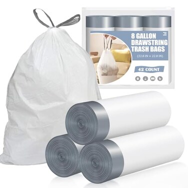 CORREPAK Drawstring 8 Gallon Trash Bags 42 Count Preseparated Medium Trash Bags 8 Gallon White Unscented 8 Gal Garbage Bags