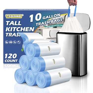 T.FORING TFORING 10 Gallon Trash Bags with Drawstring 120 Count Heavy Duty 12 Mil Garbage Bags 38 Liter Unscented White Kitchen Bin Liners for Home Office