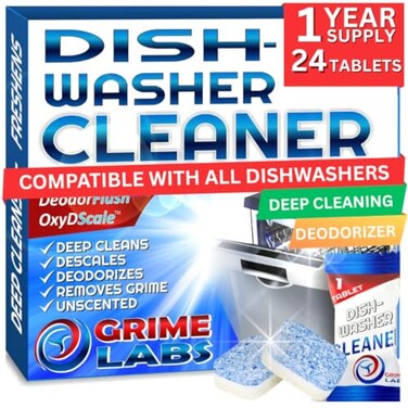 GRIME LABS Dishwasher Cleaner Deodorizer Descaler Tablets 24 pack Heavy Duty Deep Clean and Natural Limescale Remover Dish Washer Cleaner Machine Pods 12 Months Supply