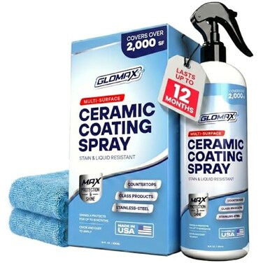 GLOMAX Home Ceramic Coating Spray Kit 16 oz Shine Seal Protect Stainless Steal Glass Kitchen Bath Surfaces Extremely Hydrophobic Repels Stains Grime Includes 2 Micro Fiber Towels