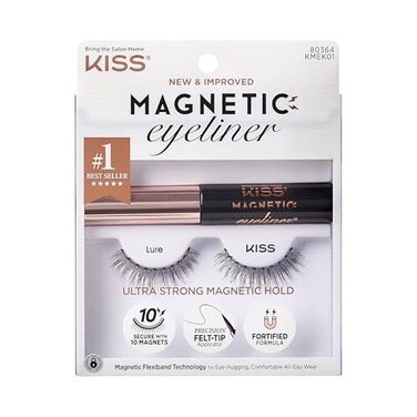 Kiss Magnetic False Eyelashes and Eyeliner Lure 12mm Easy to Apply Reusable No Glue Flexiband Technology Precision Felt Tip Fortified Formula 1 Pair Strip Lashes
