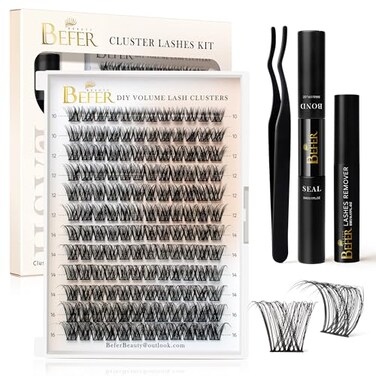 BEFER BEAUTY BEFER Lash Clusters Kit 144 Pcs D Curl Eyelash Clusters Volume Individual Lashes Extensions Bond and Seal Gentle Remover 1016MM Wispy Eyelash with Tweezers DIY At HomeRadiance FD03 Kit