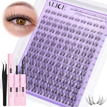 ALICE Cluster Eyelash Extension Kit Natural Wispy Lash Clusters Kit Lash Extension Kit Clear Band 168pcs CCurly 1113mm Individual Lashes with Lash Glue Bond and Seal Self Application at Home