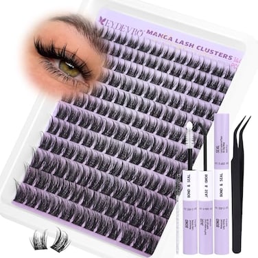 EYDEVRO Manga Lash Clusters Kit Wispy Natural Cluster Eyelash Extensions 1016mm Fairy Eyelash Clusters Kit Lash Extension Kit Soft Thin Band Individual Lashes Lash Bond and Seal Lash Tweezers Brushes