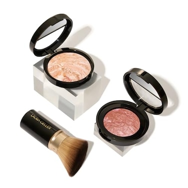 LAURA GELLER NEW YORK BlushnGlow Kit 3 PC Baked BalanceNGlow Illuminating Powder Foundation Fair Retractable Kabuki Brush Baked BlushNBrighten Pink Grapefruit