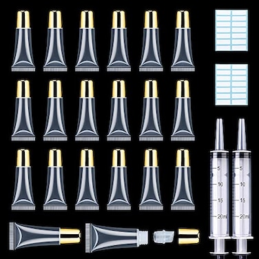 AMORIX 50PCS Lip Gloss Tubes 5ml Gold Cap Lip Gloss Containers Empty Lip Balm Tubes Refillable Squeeze Lipgloss Tubes 2 x 20ml Syringes Tag Labels for DIY Lip Gloss Base Glitter