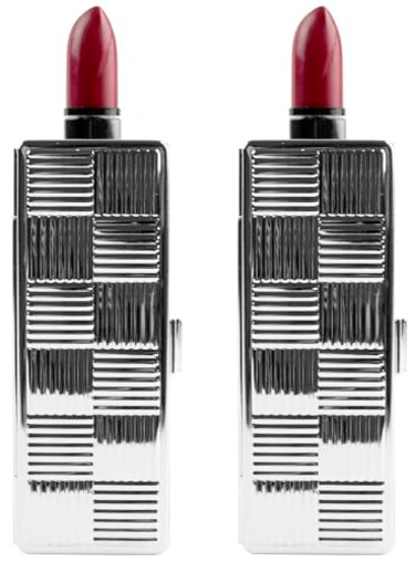 Stephanie Imports Set of 2 Rectangular Vintage Lipstick Cases With Glass Mirror Silver Checker