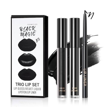 QIUFSSE 3 in 1 Black Lip Liner Pencil and Lipstick lipgloss Set Matte Black Lipstick Lip Gloss Kit Longlasting Nonstick Cup Smudge Proof Lip Kits with Lip LinerVelvet Goth Makeup 12Black Magic