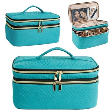 AMOIGEE Large Makeup Bag Travel Makeup Bag Organizer Double Layer Train Case Makeup Bag Toiletry Bag for Makeup Brushes Full Size Bottles Palettes Sponge Cosmetic Organizer