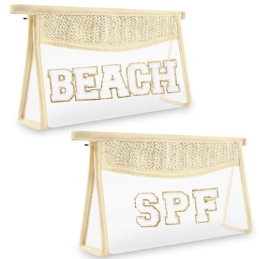 izuzta 2 Pcs Boho Straw Clear Makeup Letter Pouch Sunscreen SPF Bag Pouch Waterproof Beach Toiletry Bag Accessories for Women