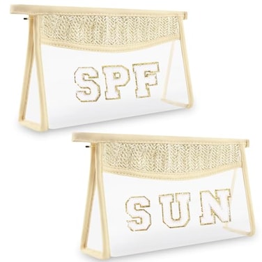 izuzta 2 Pcs Boho Straw Clear Makeup Letter Pouch Sunscreen Pouch for Beach Travel Waterproof Beach Toiletry Sun Bag Accessories for Women