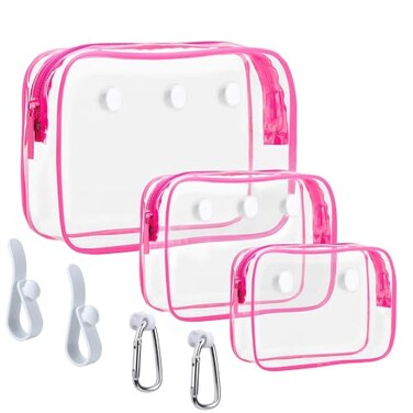 Everfunny 3 Packs Clear Bogg Beach Tote Bag with 4 Pack Insert Hooks Accessories for Bogg Bags Travel Makeup Clean Toiletry Brush Organizer Cosmetic Divider Storage Inner Pouch Rose Red