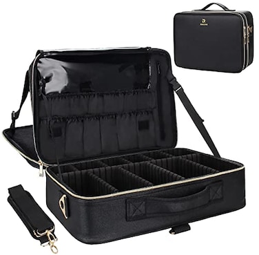 Relavel Makeup Case Large Makeup Bag Professional Train Case 165 inches Travel Cosmetic Organizer Brush Holder Waterproof Makeup Artist Storage Box 3 Layer Large Capacity with Adjustable Strap