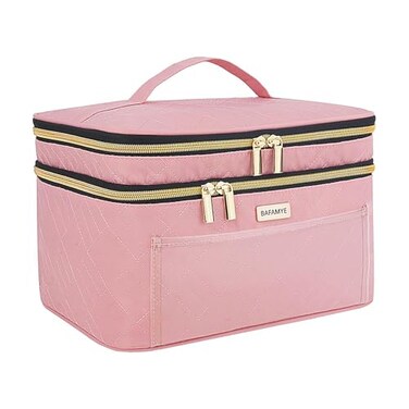 BAFAMYE Double Layer Travel Makeup Bag for Women Large Cosmetic Case Organizer with Makeup Brush Compartment Portable Train Case Make Up Bag for TravelSize