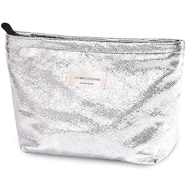 Sminra Makeup Bag Cosmetic bag Silver Preppy Canvas Toiletry Bag for women Cute zipper pouch Organizer Travel accessories Shiny Silver Large