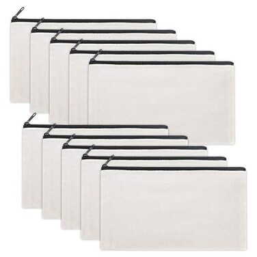 Sinzip 12 Pieces White Cotton Canvas Makeup Bag Multipurpose Cosmetic Bag with Zipper Travel Toiletry Pouch Blank DIY Craft Bag White S